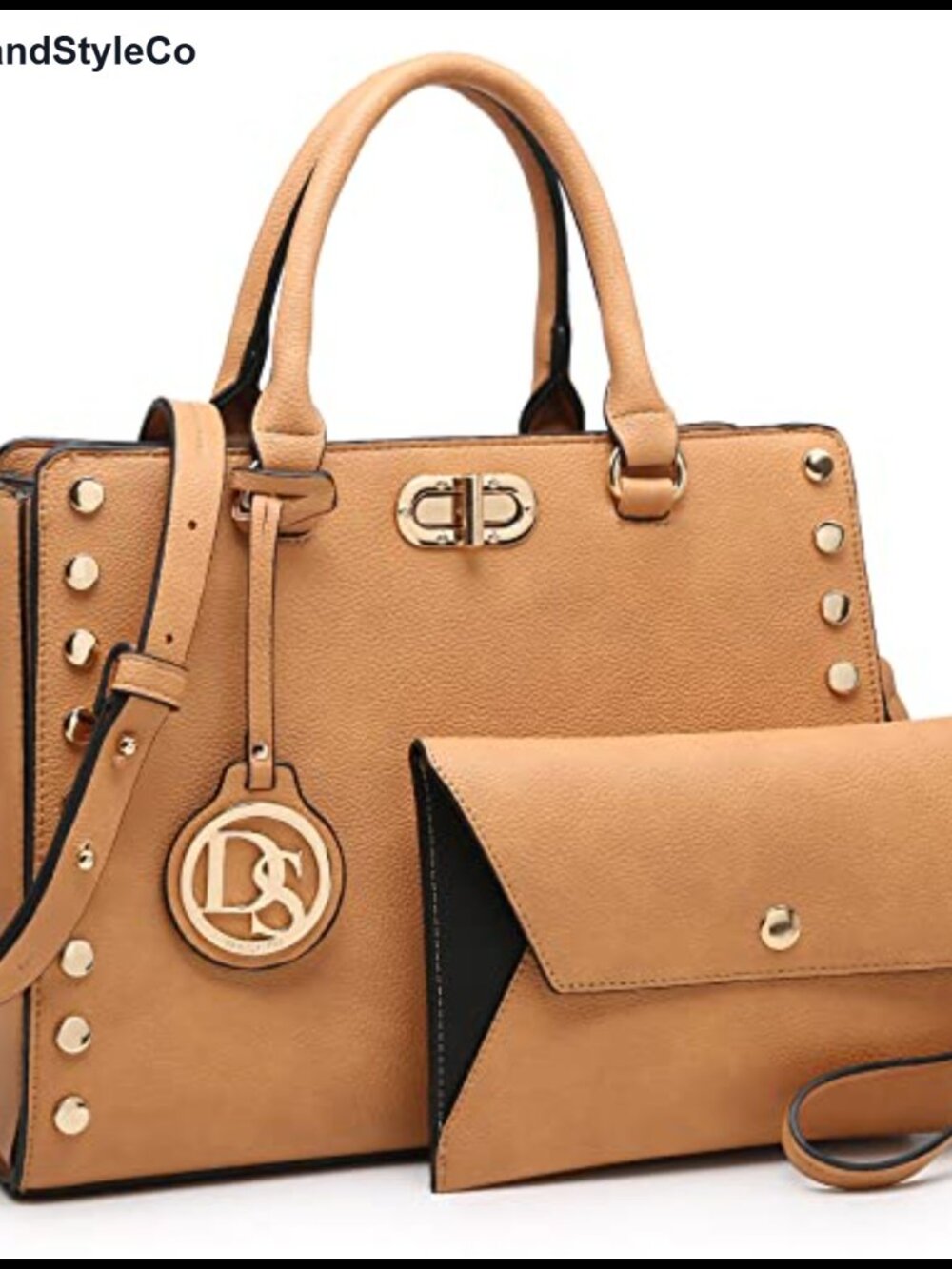 Vegan Leather Satchel Handbag with Matching Clutch 2pc Set Work Tote